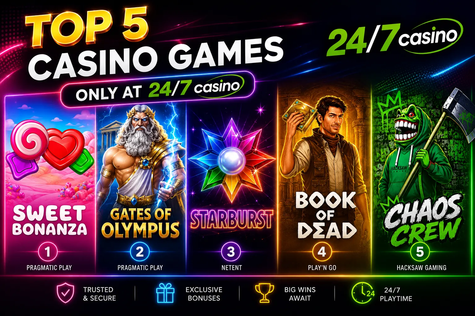Top 5 Casino-Spiele bei 24/7 Casino: Sweet Bonanza, Gates of Olympus, Starburst, Book of Dead, Chaos Crew